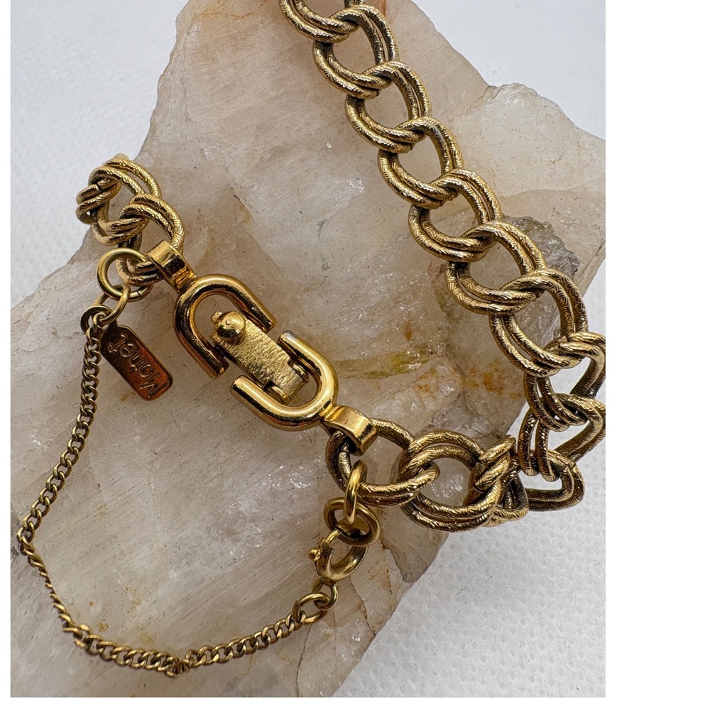 Vintage Monet Gold Tone Double Link Charm Bracelet with Safety Chain - Picture 2 of 8